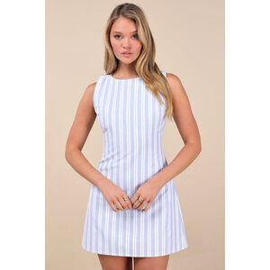 Lulus Alyvia Blue And White Striped Sleeveless Mini Dress - Size L